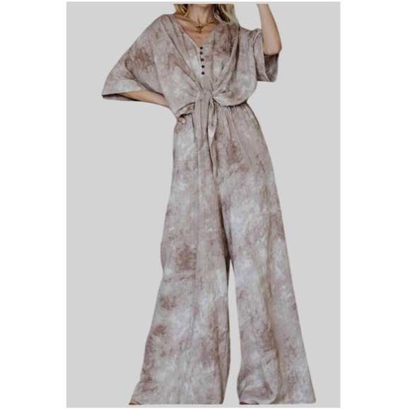 Bucketlist Tie-Waist Jumpsuit Women's Large Short Sleeve Taupe Tie Dye Wide Leg - Picture 1 of 16
